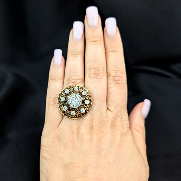 The Medina - Antique Old Mine Cut Diamonds Enamel 14k Gold Cocktail Cluster Ring
