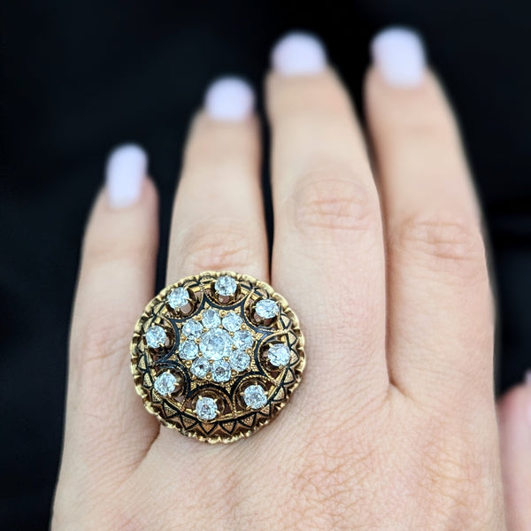 Antique Old Mine Cut Diamonds 14k Yellow Gold Tracery Enamel Cocktail Ring 