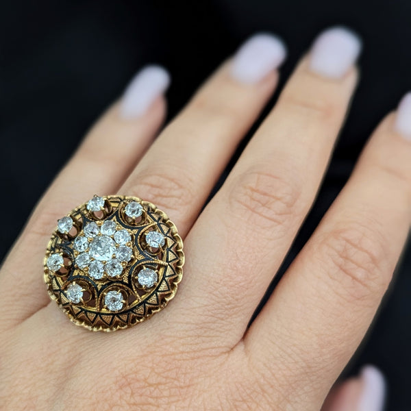 Antique Old Mine Cut Diamonds 14k Yellow Gold Tracery Enamel Cocktail Ring 