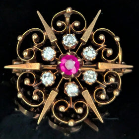 Antique Old Mine Cut Diamonds Ruby 14k Yellow Gold Brooch Pendant Snowflake Gift