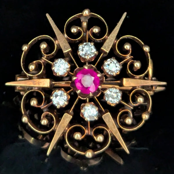 Antique Old Mine Cut Diamonds Ruby 14k Yellow Gold Brooch Pendant Snowflake Gift