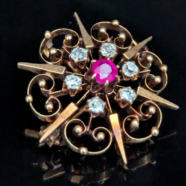 Antique Old Mine Cut Diamonds Ruby 14k Yellow Gold Brooch Pendant Snowflake Gift