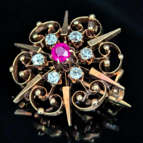 Antique Old Mine Cut Diamonds Ruby 14k Yellow Gold Brooch Pendant Snowflake Gift
