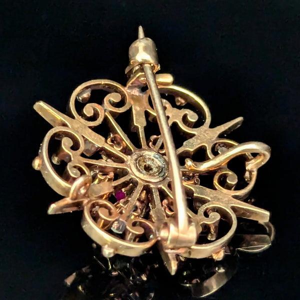 Antique Old Mine Cut Diamonds Ruby 14k Yellow Gold Brooch Pendant Snowflake Gift
