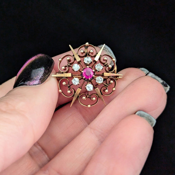 Antique Old Mine Cut Diamonds Ruby 14k Yellow Gold Brooch Pendant Snowflake Gift