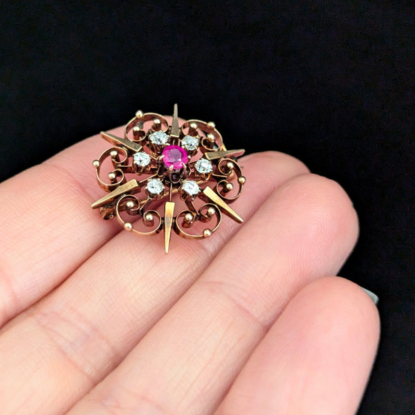Antique Old Mine Cut Diamonds Ruby 14k Yellow Gold Brooch Pendant Snowflake Gift