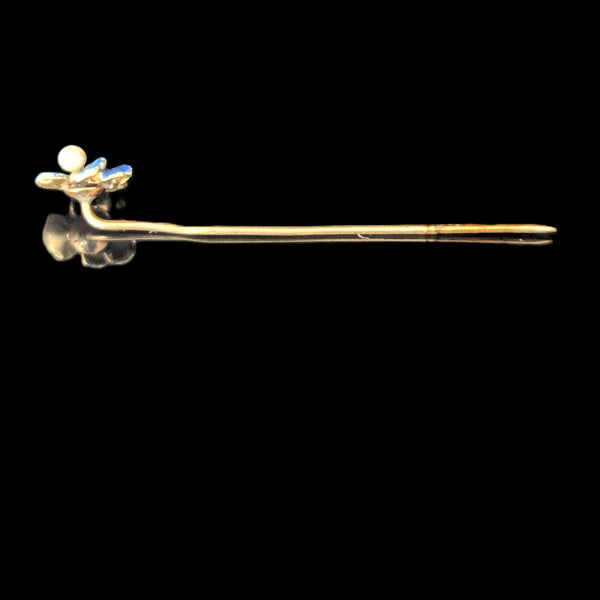 Antique Pansy Stick Pin Seed Pearl Enamel 14k Yellow Gold Art Nouveau Estate