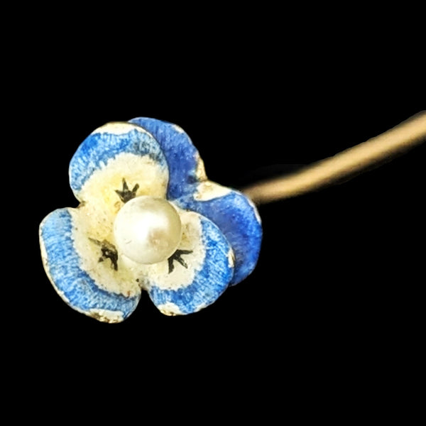 Antique Pansy Stick Pin Seed Pearl Enamel 14k Yellow Gold Art Nouveau Estate