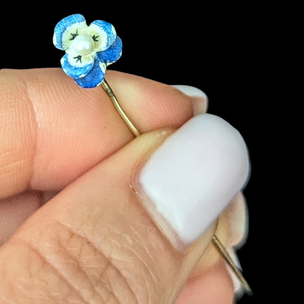 Antique Pansy Stick Pin Seed Pearl Enamel 14k Yellow Gold Art Nouveau Estate
