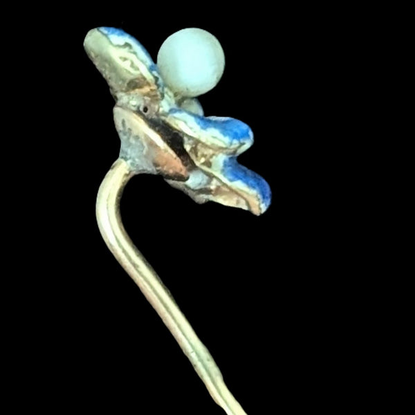 Antique Pansy Stick Pin Seed Pearl Enamel 14k Yellow Gold Art Nouveau Estate