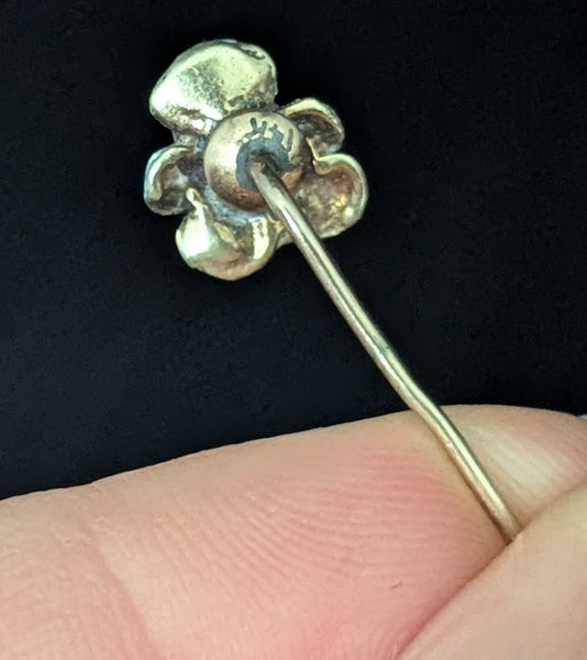 Antique Pansy Stick Pin Seed Pearl Enamel 14k Yellow Gold Art Nouveau Estate back