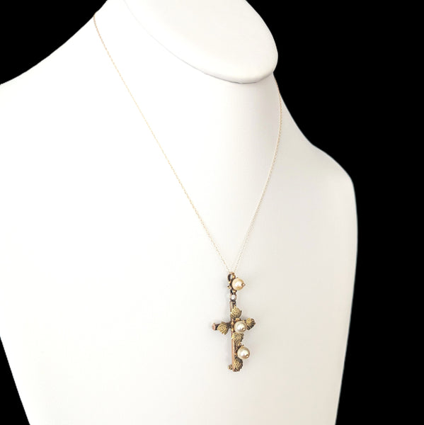 Antique Pearls 10k Yellow Gold Decorated Cross Pendant on Chain Estate Floral