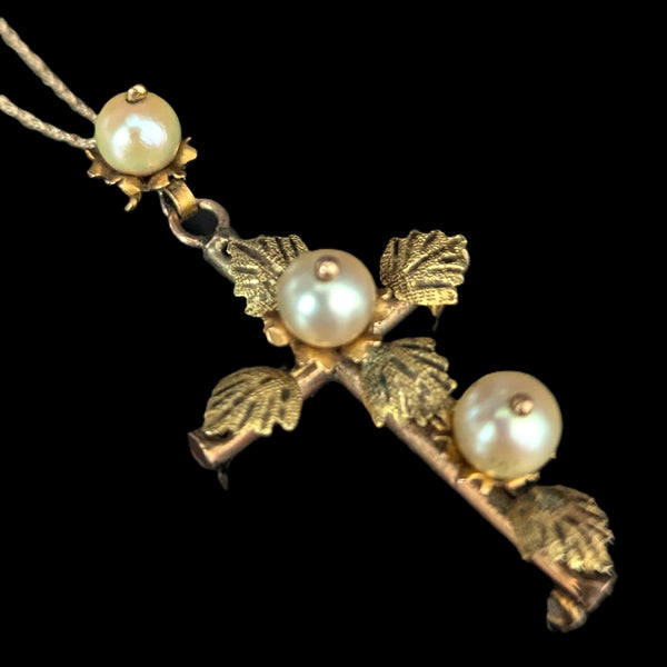 Antique Pearls 10k Yellow Gold Decorated Cross Pendant on Chain Estate Floral