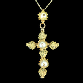 Antique Pearls 10k Yellow Gold Decorated Cross Pendant on Chain Estate Floral