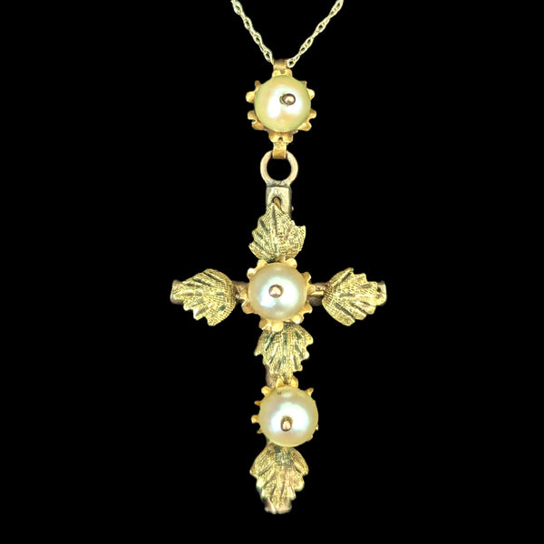 Antique Pearls 10k Yellow Gold Decorated Cross Pendant on Chain Estate Floral