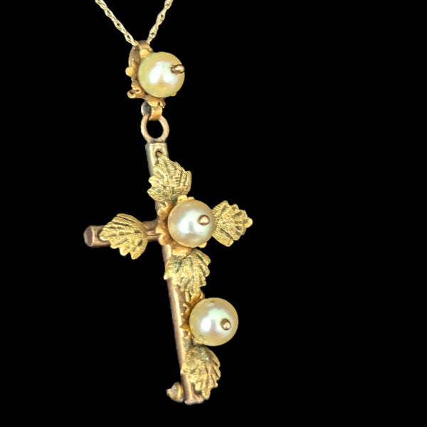 Antique Pearls 10k Yellow Gold Decorated Cross Pendant on Chain Estate Floral