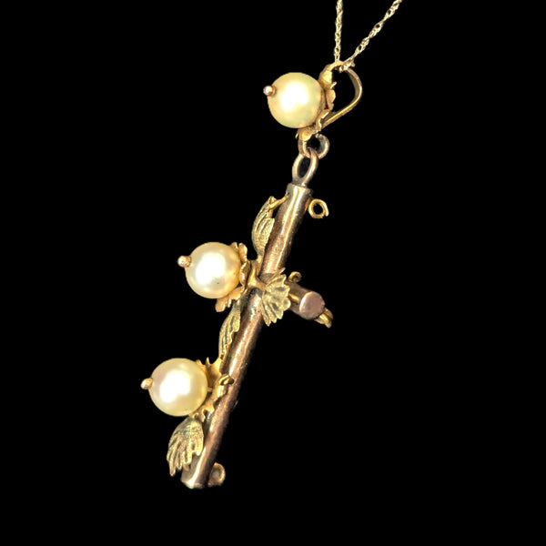 Antique Pearls 10k Yellow Gold Decorated Cross Pendant on Chain Estate Floral