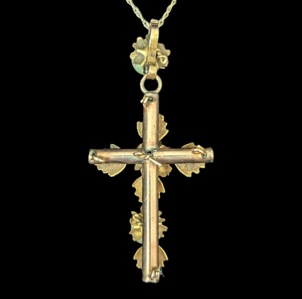 Antique Pearls 10k Yellow Gold Decorated Cross Pendant on Chain Estate Floral