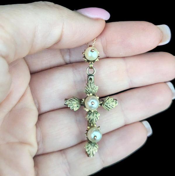 Antique Pearls 10k Yellow Gold Decorated Cross Pendant on Chain Estate Floral