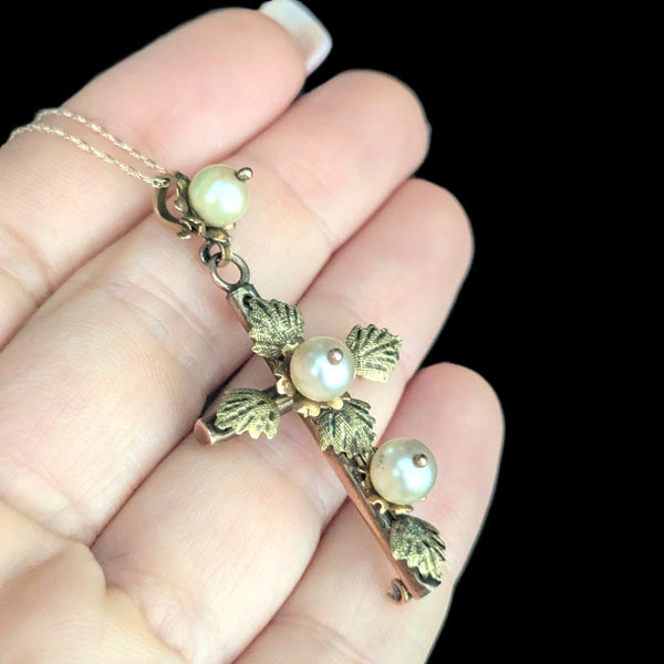 Antique Pearls 10k Yellow Gold Decorated Cross Pendant on Chain Estate Floral