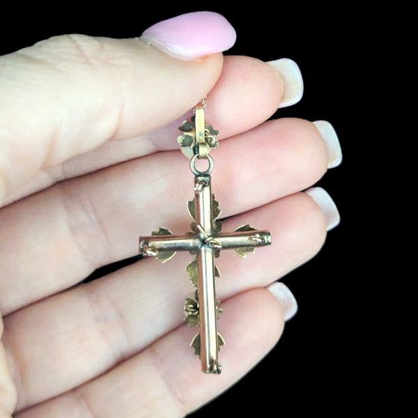 Antique Pearls 10k Yellow Gold Decorated Cross Pendant on Chain Estate Floral