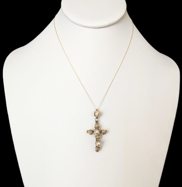 Antique Pearls 10k Yellow Gold Decorated Cross Pendant on Chain Estate Floral