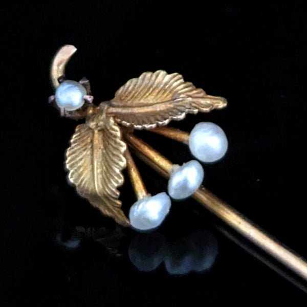 Antique Triple Cherry Pearl 10K Yellow Gold Stick Pin Lapel Victorian Estate