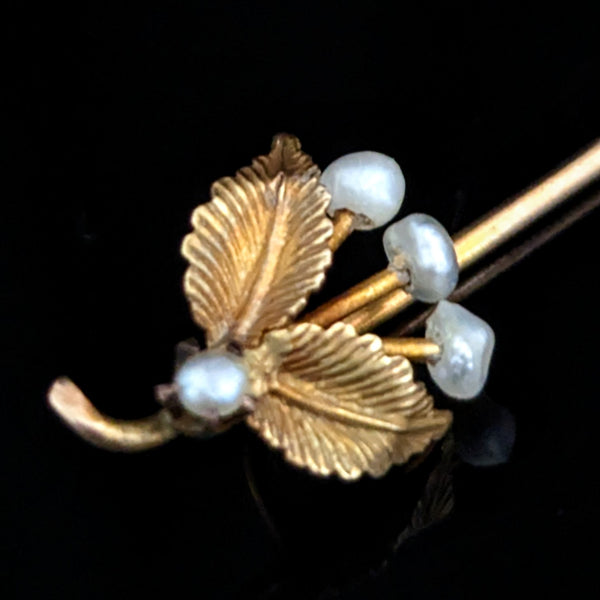 Antique Triple Cherry Pearl 10K Yellow Gold Stick Pin Lapel Victorian Estate