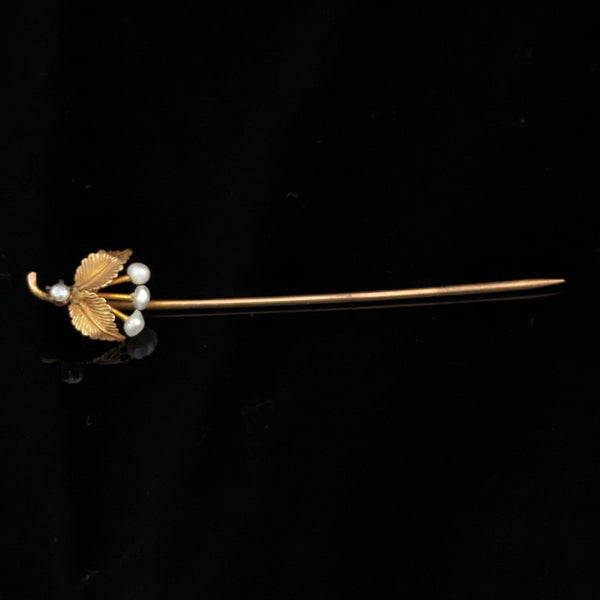 Antique Triple Cherry Pearl 10K Yellow Gold Stick Pin Lapel Victorian Estate