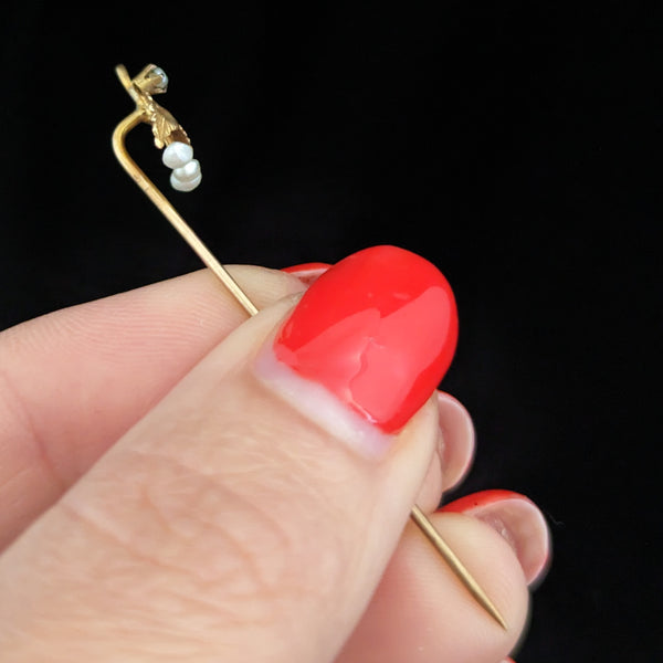 Antique Triple Cherry Pearl 10K Yellow Gold Stick Pin Lapel Victorian Estate