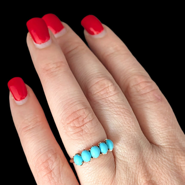 Antique Turquoise 5 Stone Ring 10k Yellow Gold Victorian Band Estate Gift 1800s