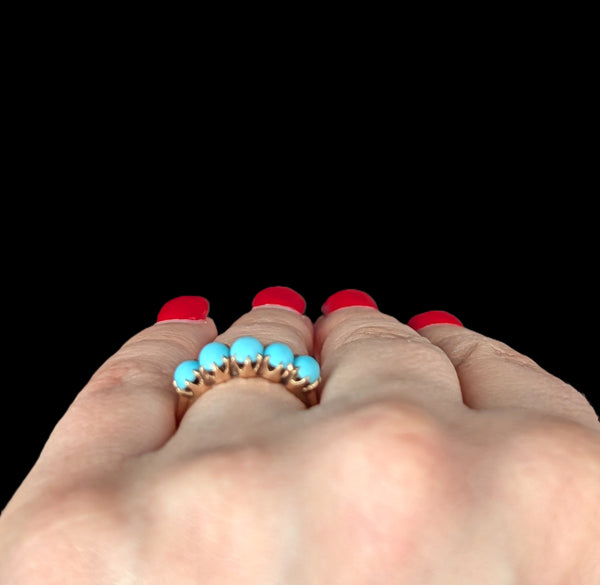 Antique Turquoise 5 Stone Ring 10k Yellow Gold Victorian Band Estate Gift 1800s