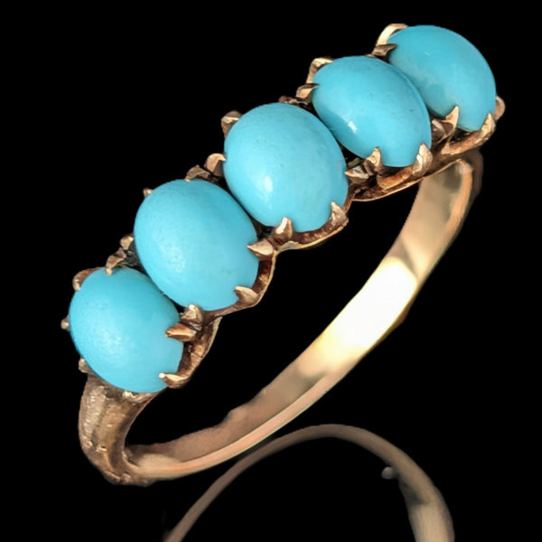 Antique Turquoise 5 Stone Ring 10k Yellow Gold Victorian Band Estate Gift 1800s