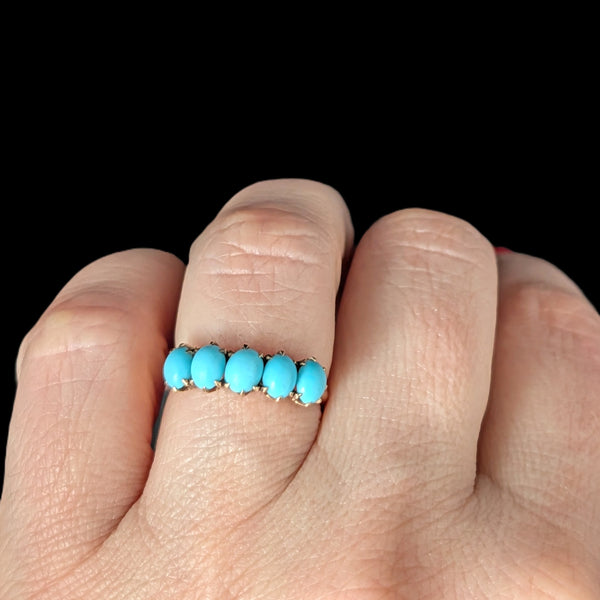 Antique Turquoise 5 Stone Ring 10k Yellow Gold Victorian Band Estate Gift 1800s