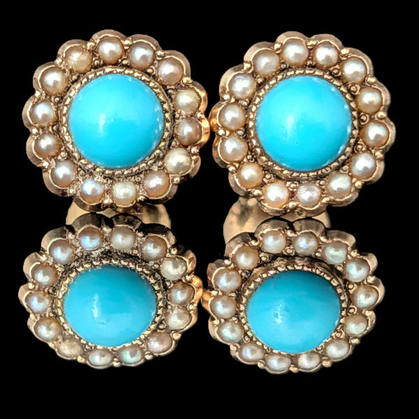 Triana - Vintage Turquoise Pearl Yellow Gold Earrings Screw Back Posts