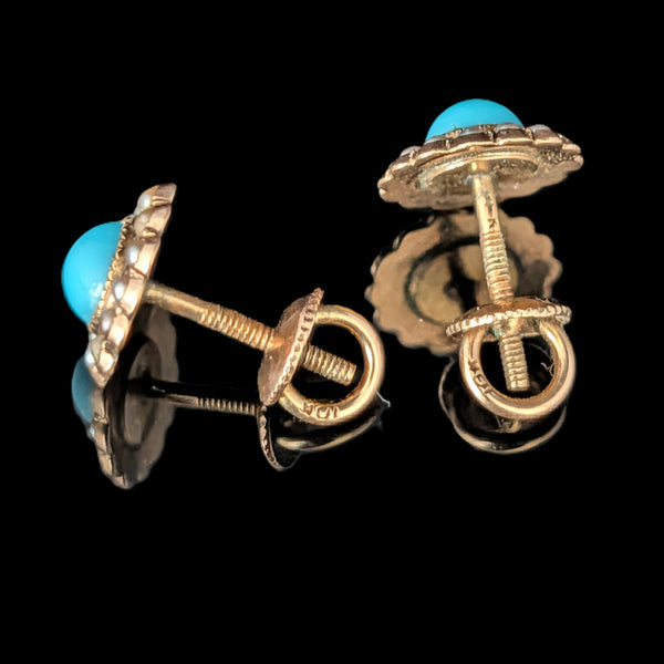 Triana - Vintage Turquoise Pearl Yellow Gold Earrings Screw Back Posts