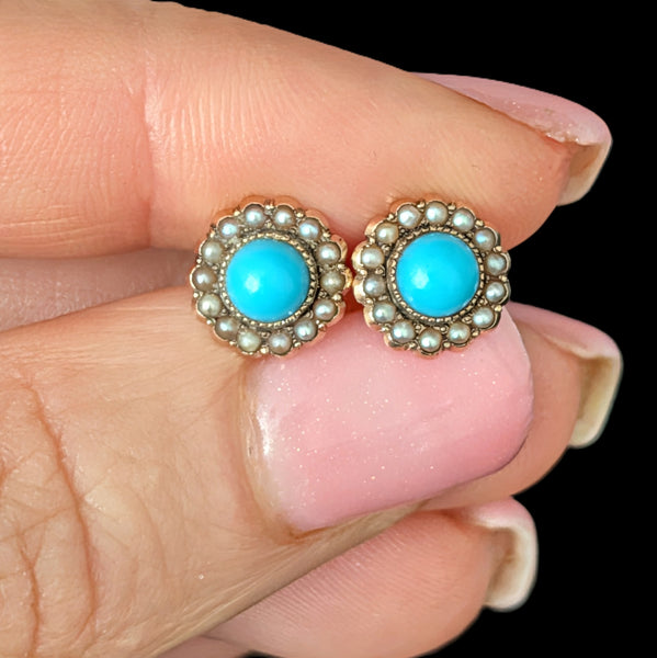 Triana - Vintage Turquoise Pearl Yellow Gold Earrings Screw Back Posts