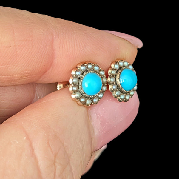 Triana - Vintage Turquoise Pearl Yellow Gold Earrings Screw Back Posts