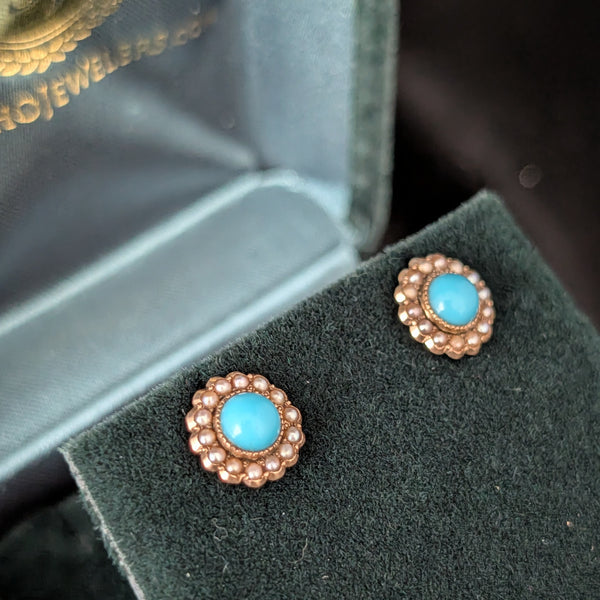 Triana - Vintage Turquoise Pearl Yellow Gold Earrings Screw Back Posts