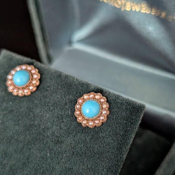 Triana - Vintage Turquoise Pearl Yellow Gold Earrings Screw Back Posts