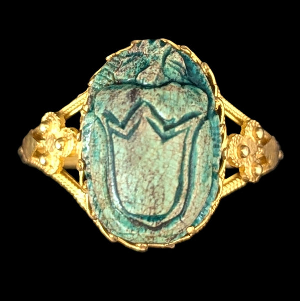 Hartland - Antique Faience Scarab 17k Yellow Gold Ring Victorian