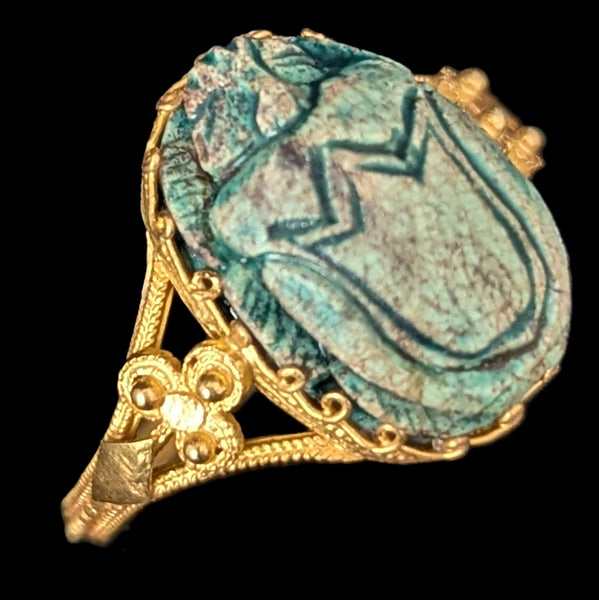 Hartland - Antique Faience Scarab 17k Yellow Gold Ring Victorian