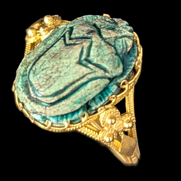 Hartland - Antique Faience Scarab 17k Yellow Gold Ring Victorian