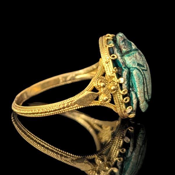 Hartland - Antique Faience Scarab 17k Yellow Gold Ring Victorian