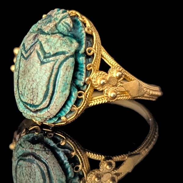 Hartland - Antique Faience Scarab 17k Yellow Gold Ring Victorian
