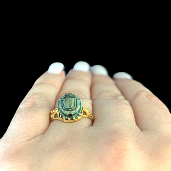 Hartland - Antique Faience Scarab 17k Yellow Gold Ring Victorian