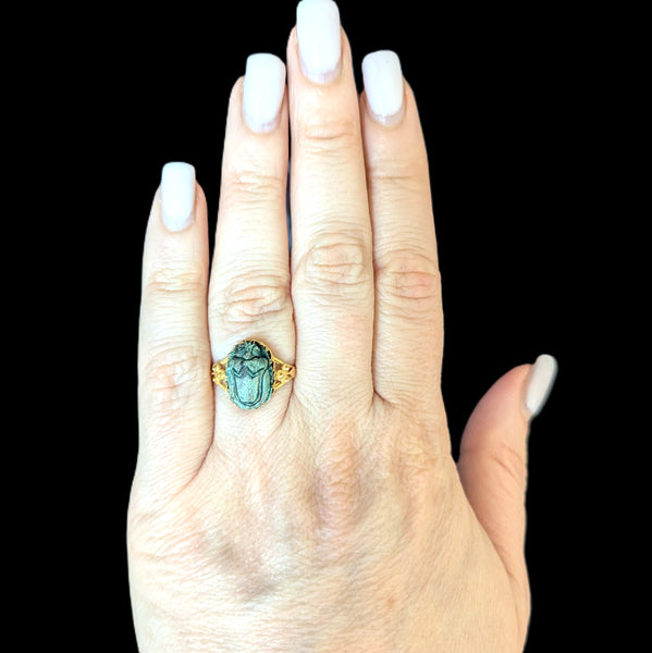 Hartland - Antique Faience Scarab 17k Yellow Gold Ring Victorian