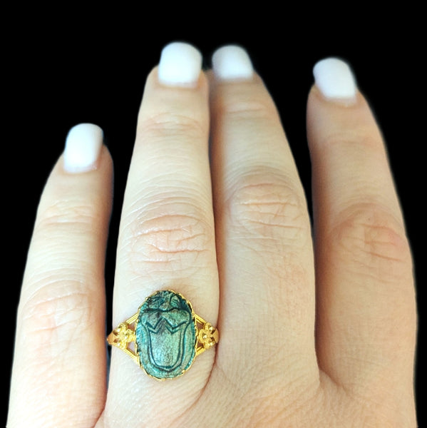 Hartland - Antique Faience Scarab 17k Yellow Gold Ring Victorian