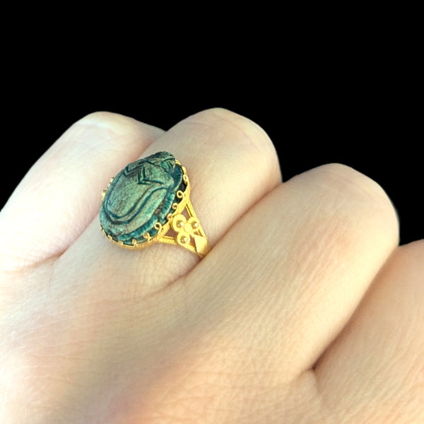 Hartland - Antique Faience Scarab 17k Yellow Gold Ring Victorian
