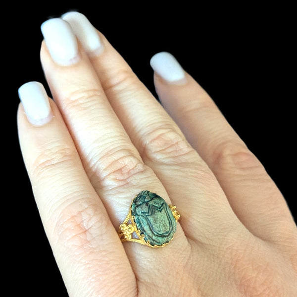 Hartland - Antique Faience Scarab 17k Yellow Gold Ring Victorian